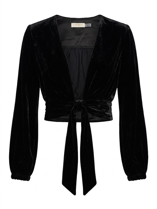 Ramy Brook Tops - RAMY BROOK Black Velvet Tie Front Crop Top Long Sleeve Evening Blouse Pristine